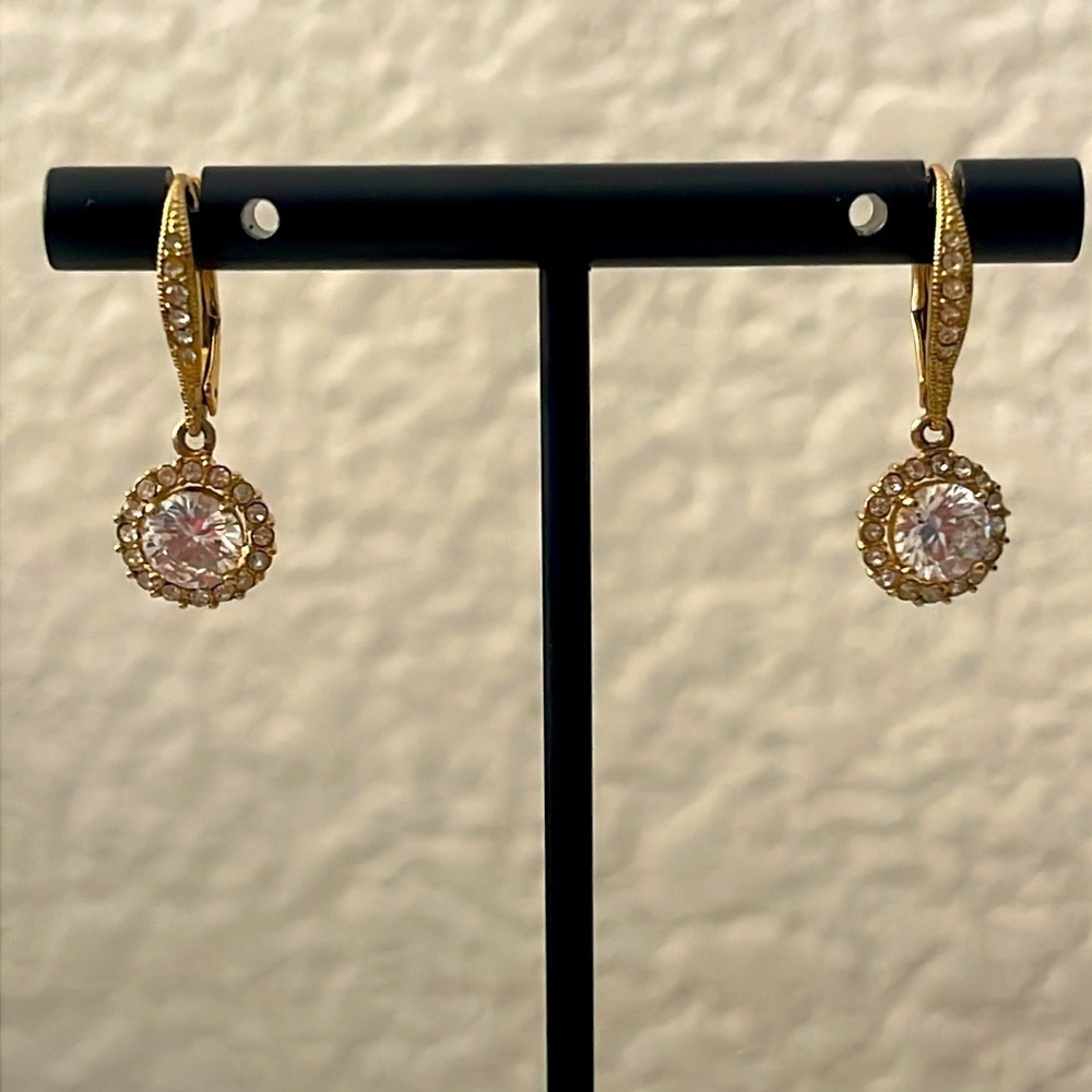 Nadri Framed Round CZ Halo Drop Earrings Gold Leverback - Picture 3 of 8